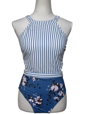 Striped & Floral High-Neck One-Piece Swimsuit - Blue/Pink